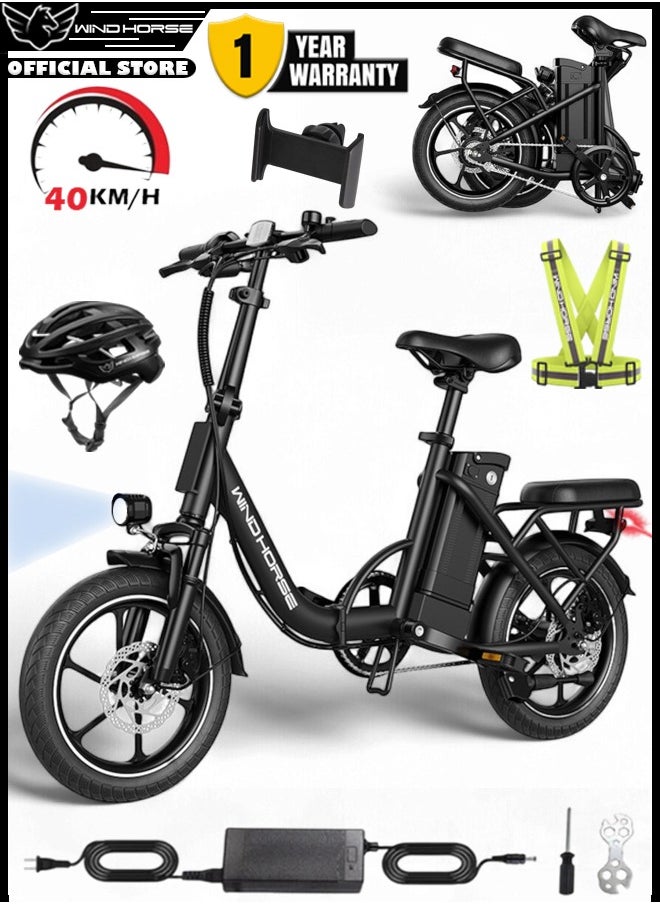 Wind Horse Folding Electric Bike with 350W High Speed Motor, 36V 8AH Battery, 40 KM/H Speed, 35 KM Range, Dual Disk Brakes, Carbon Alloy Frame, 16-Inch Tires, Front Suspension Fork, Portable Electric Bike with Dual Seat, Helmet and Safety Vest  - Image 1