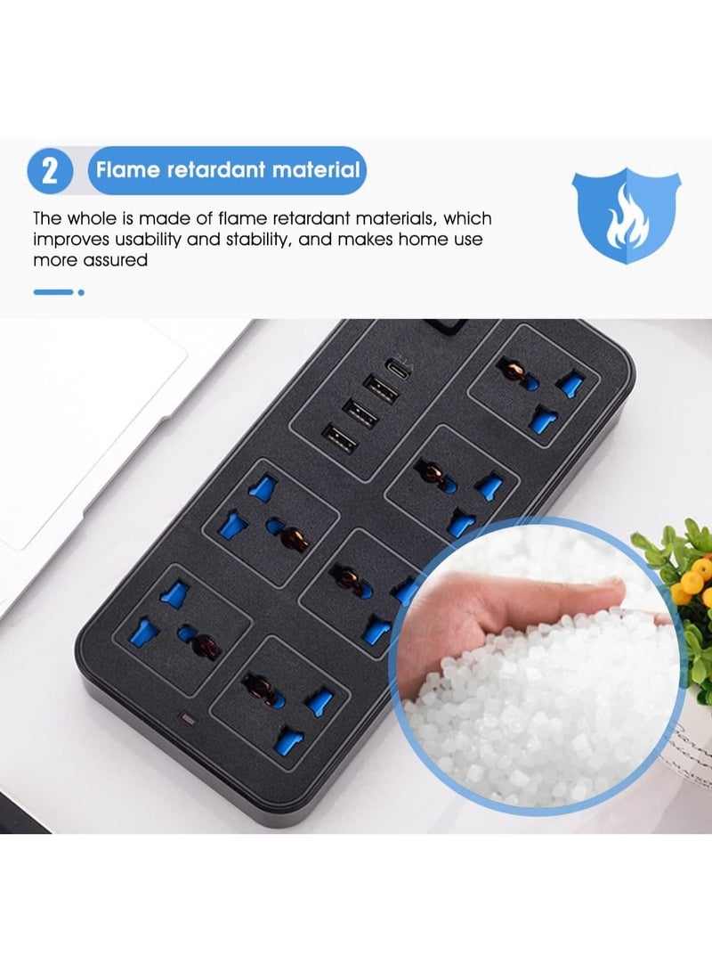 Purfex Universal Extension Lead with UK Plug, 6-Gang Power Socket, 3 USB Ports & 1 Type-C Port, 1.8M Electric Power Strip for Home, Kitchen & Office - Image 2