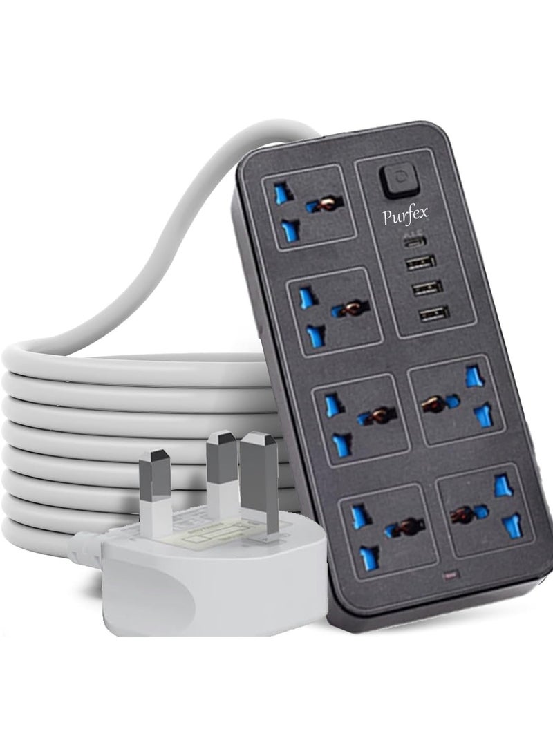 Purfex Universal Extension Lead with UK Plug, 6-Gang Power Socket, 3 USB Ports & 1 Type-C Port, 1.8M Electric Power Strip for Home, Kitchen & Office - Image 1