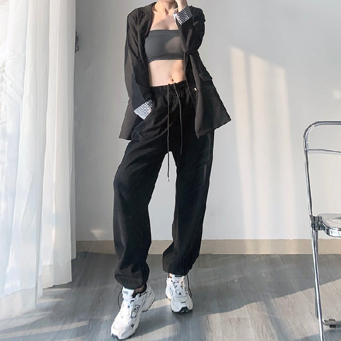 White Gray Sports Pants Womens Spring and Autumn Summer 2024 New Loose Foot-toe Sweatpants Slimming Casual Drawstring Wide-leg Pants Black regular 