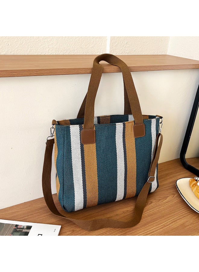 Striped Large Capacity Women's Bag 2024 Fashion Commuter Casual Western Style Portable Tote Shoulder Messenger Bag-Color:Blue - Image 1