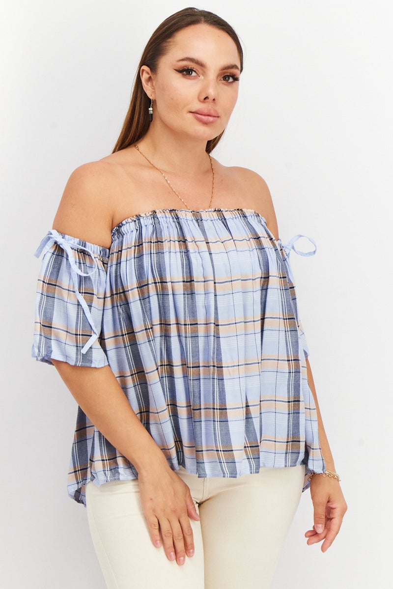 VERO MODA بلوزات قصيرة الأكمام للنساء بدون أكتاف، زرقاء ناعمة - Image 1