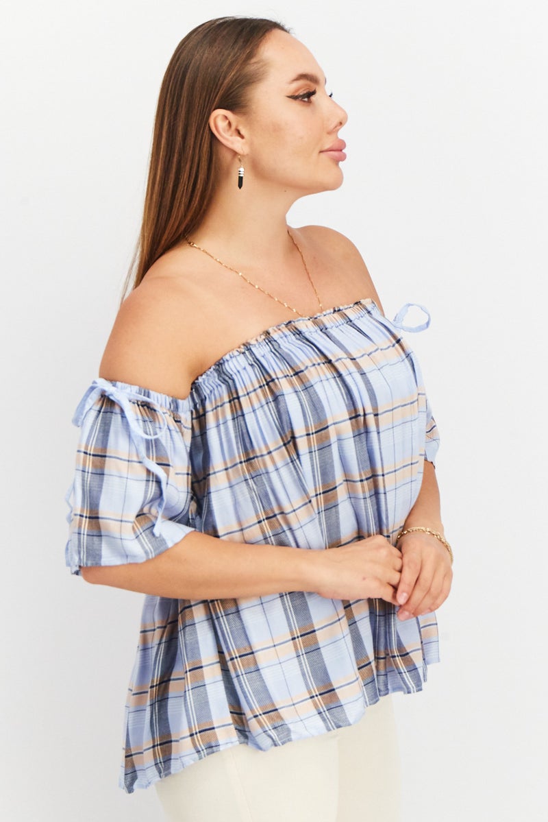 VERO MODA بلوزات قصيرة الأكمام للنساء بدون أكتاف، زرقاء ناعمة - Image 3