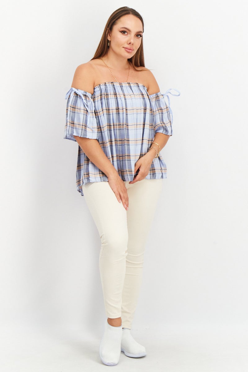 VERO MODA بلوزات قصيرة الأكمام للنساء بدون أكتاف، زرقاء ناعمة - Image 2