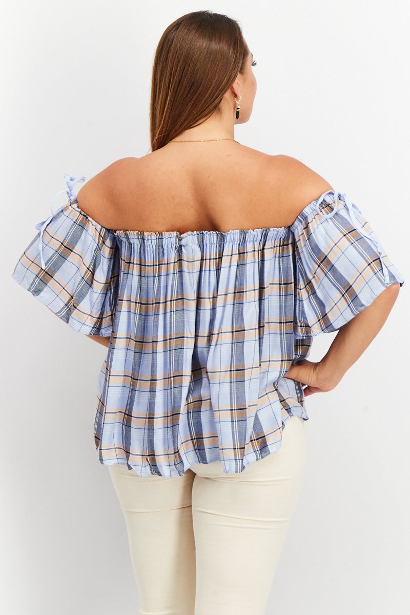 VERO MODA بلوزات قصيرة الأكمام للنساء بدون أكتاف، زرقاء ناعمة - Image 4