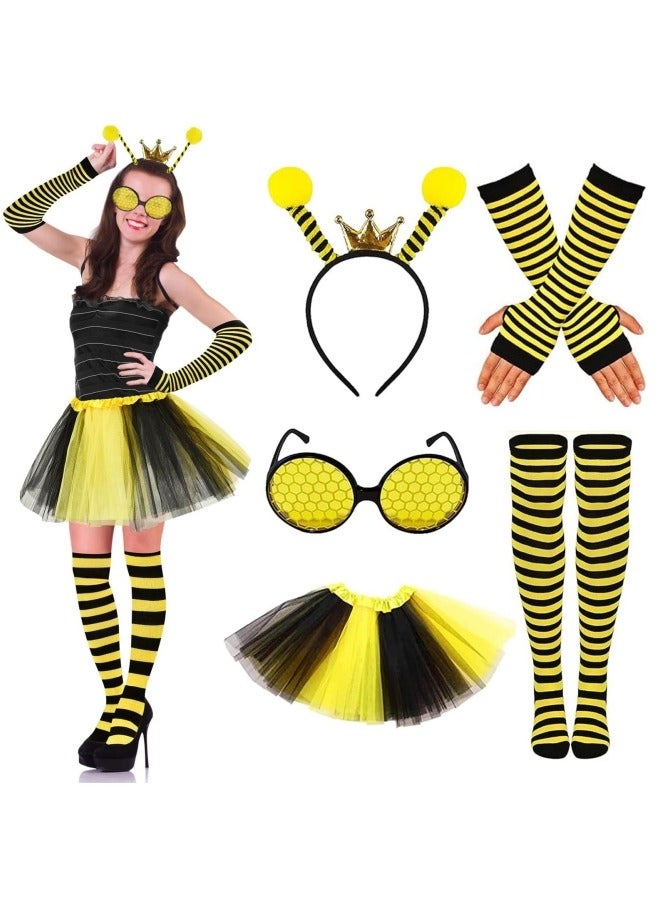 CCOVERY Bee Costume Adult, Fancy Dress for Adults Bee Headband Tulle Skirt Striped Socks Long Gloves Bee Glasses, Bee Costumes for Kids 80s Fancy Dress for Women - Image 1