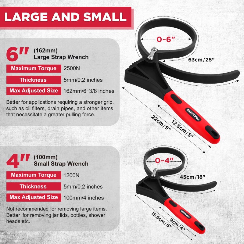 SEDY 2-Piece Rubber Strap Adjustable Wrench Set Diameter 4" and 6", Oil Filter Pipe Jar Opener Strong Grip Plumbers Universal Spanner for Drain Sewer Cap Sink Pliers Nut Shower Head Valve Removal - Image 2