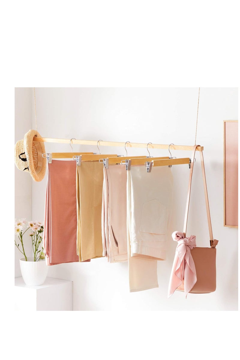 High-Grade Wooden Pants Hangers with Metal Clips, 10 Pack Solid Wood Skirt/Jeans Hangers, 360° Swivel Hook & Smooth Finish, Non-Slip Adjustable Grip for Slacks - Natural Wood - Image 2