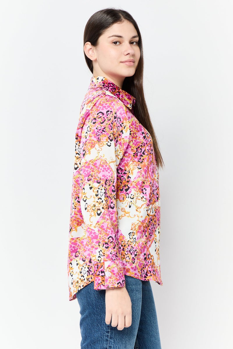 XOXO Women Spread Collar Long Sleeves Allover Print Satin Shirt, Multicolor  - Image 2