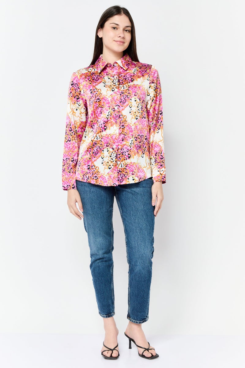 XOXO Women Spread Collar Long Sleeves Allover Print Satin Shirt, Multicolor  - Image 3
