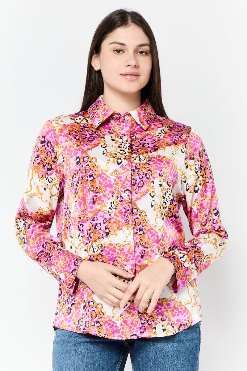 XOXO Women Spread Collar Long Sleeves Allover Print Satin Shirt, Multicolor  - Image 1