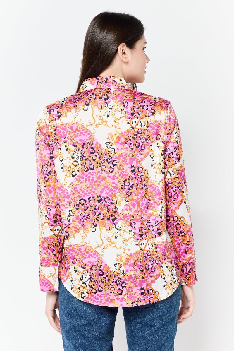 XOXO Women Spread Collar Long Sleeves Allover Print Satin Shirt, Multicolor  - Image 4