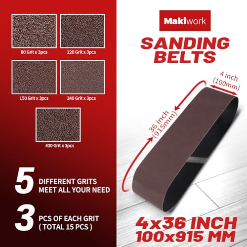 makiwork 4 x 36 Inch 100 x 915 mm Sanding Belts Set - 15-Pack with 80/120/150/240/400 Grits, Aluminum Oxide Abrasive Belts for Woodworking - Image 2