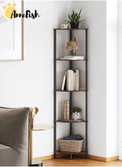 AnneFish 5Tier Corner Shelf Stand Industrial Corner Bookshelf With Metal Frame Plant Corner Display Shelf Corner Bookcase For Bedroom Living Room Rustic Brown  - Image 1