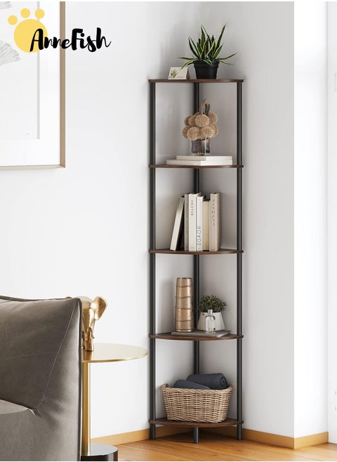 5Tier Corner Shelf Stand Industrial Corner Bookshelf With Metal Frame Plant Corner Display Shelf Corner Bookcase For Bedroom Living Room Rustic Brown