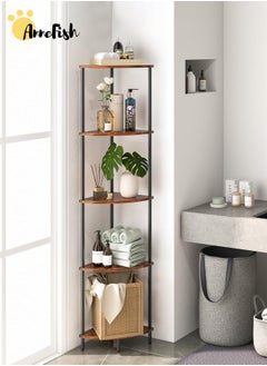 AnneFish 5Tier Corner Shelf Stand Industrial Corner Bookshelf With Metal Frame Plant Corner Display Shelf Corner Bookcase For Bedroom Living Room Rustic Brown  - Image 3