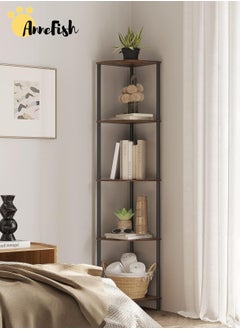 AnneFish 5Tier Corner Shelf Stand Industrial Corner Bookshelf With Metal Frame Plant Corner Display Shelf Corner Bookcase For Bedroom Living Room Rustic Brown  - Image 4