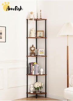 AnneFish 5Tier Corner Shelf Stand Industrial Corner Bookshelf With Metal Frame Plant Corner Display Shelf Corner Bookcase For Bedroom Living Room Rustic Brown  - Image 5