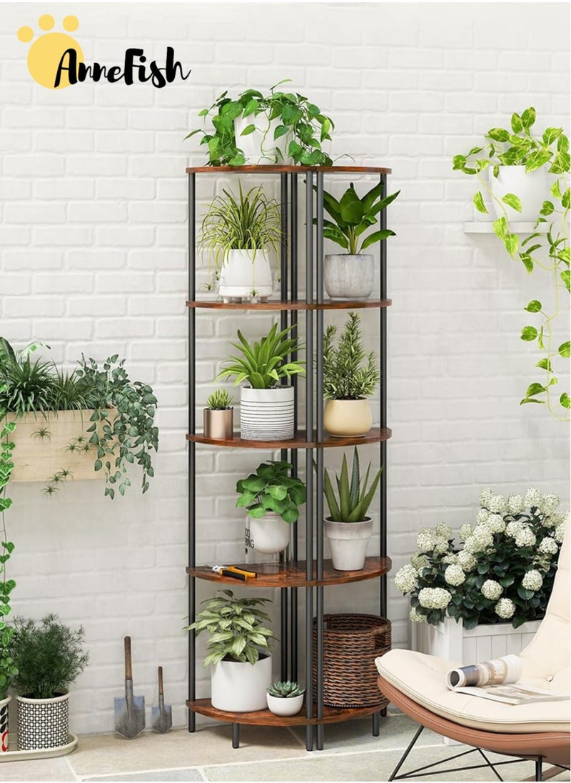 5Tier Corner Shelf Stand Industrial Corner Bookshelf With Metal Frame Plant Corner Display Shelf Corner Bookcase For Bedroom Living Room Rustic Brown