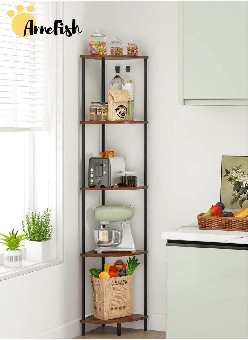 5Tier Corner Shelf Stand Industrial Corner Bookshelf With Metal Frame Plant Corner Display Shelf Corner Bookcase For Bedroom Living Room Rustic Brown