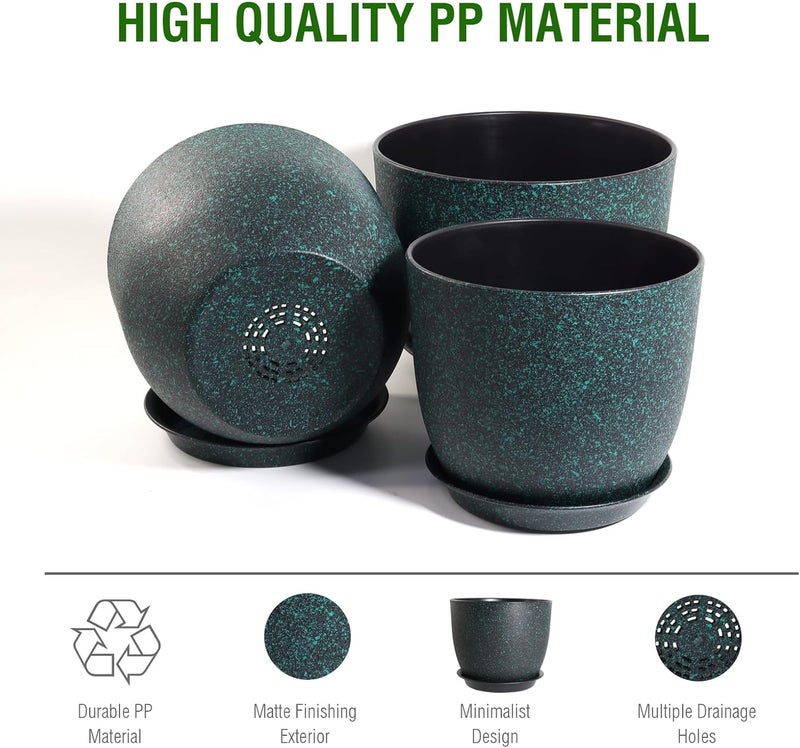 UOUZ 12/10/9 Large Modern Plant Pots, Plastic Planters with Drainage Holes and Saucers for Indoor Outdoor Plants Flowers, Black with Green Speckles - Image 4