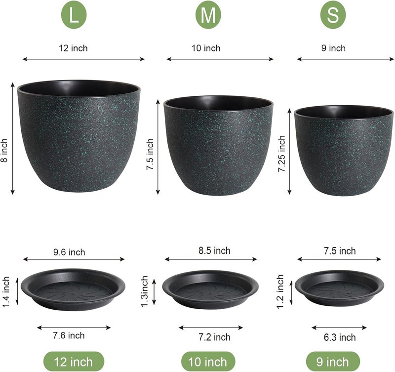 UOUZ 12/10/9 Large Modern Plant Pots, Plastic Planters with Drainage Holes and Saucers for Indoor Outdoor Plants Flowers, Black with Green Speckles - Image 2