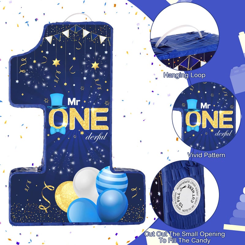 Yoirrat Mr. Onederful PiÃ±ata Number 1 PiÃ±ata for 1st Birthday Party Decorations Navy Blue Gold One Birthday PiÃ±ata with Blindfold Mask Stick Confetti for Boys Little Man First Birthday Party Supplies Favors - Image 3