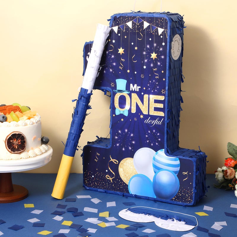 Yoirrat Mr. Onederful PiÃ±ata Number 1 PiÃ±ata for 1st Birthday Party Decorations Navy Blue Gold One Birthday PiÃ±ata with Blindfold Mask Stick Confetti for Boys Little Man First Birthday Party Supplies Favors - Image 4