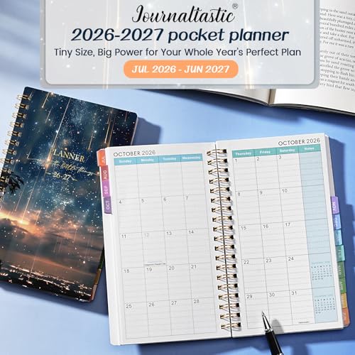 Journaltastic Pocket Calendar 2026-2027 - Pocket Planner 2026-2027, Jul. 2026 - Jun. 2027, 4.1'' × 6.8'', Weekly & Monthly Pocket Planner for Purse, Pocket Planner with 12 Colourful Monthly Tabs, Strong Twin-wire Binding, Galaxy Cover - Image 2