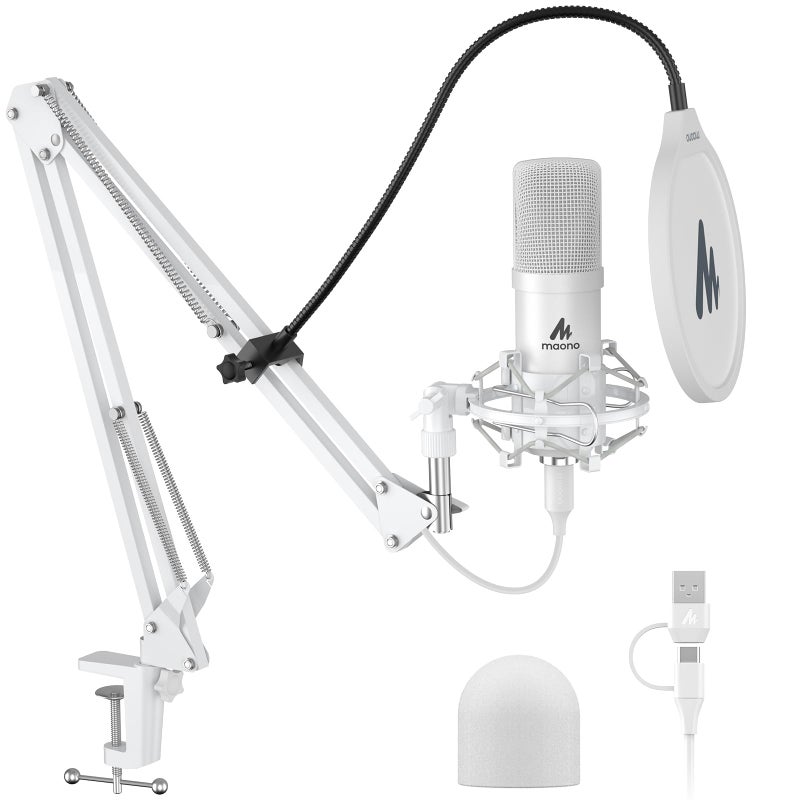 MAONO USB Microphone, 192kHz/24bit Plug & Play PC Computer Podcast Condenser Cardioid Metal Mic Kit with Professional Sound Chipset for Recording, Gaming, Singing, YouTube, AU-A04 White - Image 1
