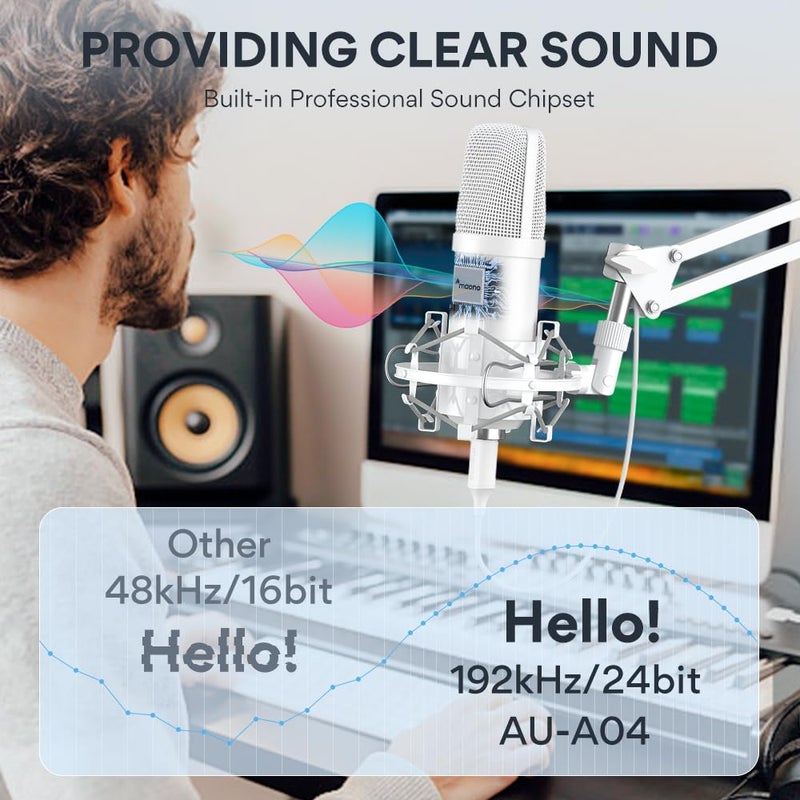 MAONO USB Microphone, 192kHz/24bit Plug & Play PC Computer Podcast Condenser Cardioid Metal Mic Kit with Professional Sound Chipset for Recording, Gaming, Singing, YouTube, AU-A04 White - Image 2