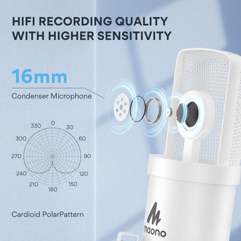 MAONO USB Microphone, 192kHz/24bit Plug & Play PC Computer Podcast Condenser Cardioid Metal Mic Kit with Professional Sound Chipset for Recording, Gaming, Singing, YouTube, AU-A04 White - Image 3