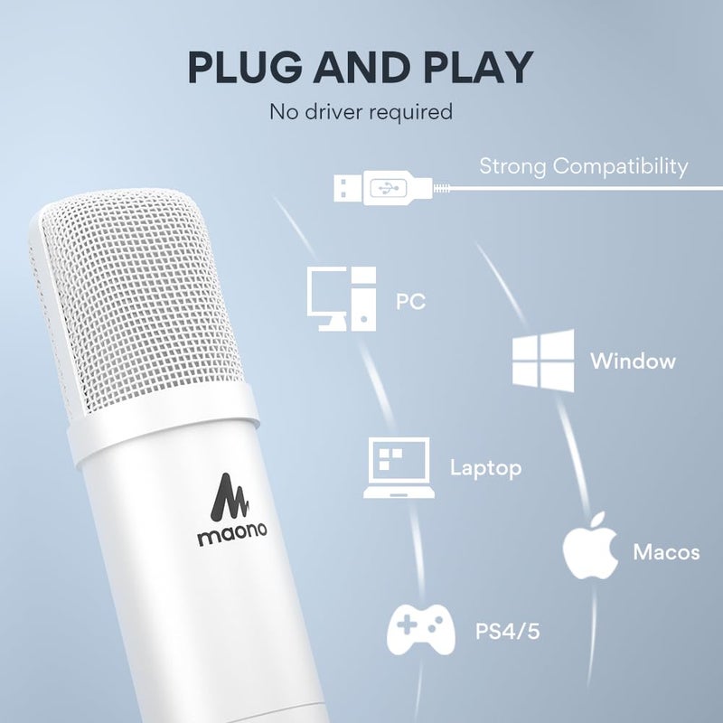 MAONO USB Microphone, 192kHz/24bit Plug & Play PC Computer Podcast Condenser Cardioid Metal Mic Kit with Professional Sound Chipset for Recording, Gaming, Singing, YouTube, AU-A04 White - Image 4