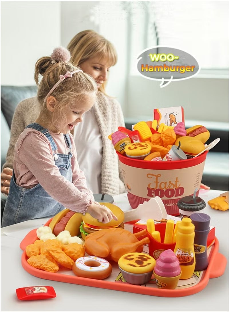 Children's Fast Food Hamburger Toy Set,Fun and Realistic Food Toys,82 Pcs Pretend Playset Food Toy,Pretend Play Food Set for Kids Kitchen,Children's Kitchen Game Fast Food Hamburger Toy Set,Pretend Play Food Toy for Kids Kitchen Aged 2+, Fast Food Set with Storage Bucket, Pizza, Burger, Ice Cream, Hot Dog, Educational Birthday Toy Gift for Boys Girls - Image 3