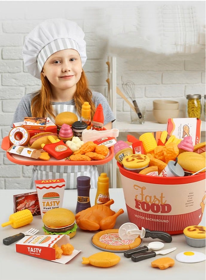 Children's Fast Food Hamburger Toy Set,Fun and Realistic Food Toys,82 Pcs Pretend Playset Food Toy,Pretend Play Food Set for Kids Kitchen,Children's Kitchen Game Fast Food Hamburger Toy Set,Pretend Play Food Toy for Kids Kitchen Aged 2+, Fast Food Set with Storage Bucket, Pizza, Burger, Ice Cream, Hot Dog, Educational Birthday Toy Gift for Boys Girls - Image 4