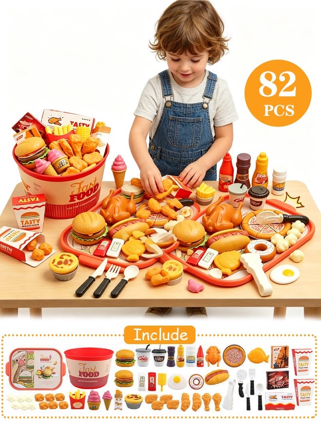 Aimayapet Children's Fast Food Hamburger Toy Set,Fun and Realistic Food Toys,82 Pcs Pretend Playset Food Toy,Pretend Play Food Set for Kids Kitchen,Children's Kitchen Game Fast Food Hamburger Toy Set,Pretend Play Food Toy for Kids Kitchen Aged 2+, Fast Food Set with Storage Bucket, Pizza, Burger, Ice Cream, Hot Dog, Educational Birthday Toy Gift for Boys Girls - Image 1