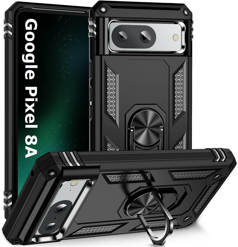 REALCASE Google Pixel 8A Back Cover Case | Heavy Duty PC Hybrid Shock Proof Armor Defender Ring Holder Back Cover Case for Google Pixel 8A 5G (Black) - Image 1