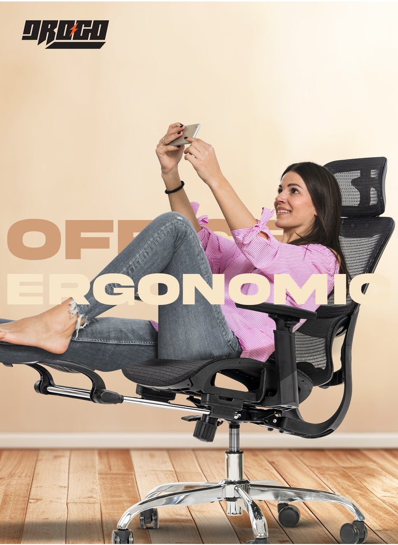 DROGO - Ergonomic Office Chair for Work from Home, Computer Chair with Breathable Mesh, Adjustable Seat, Footrest, 3D Armrest, 2D Headrest & Lumbar Support | Mesh Chair for Office/Home Black - Image 1