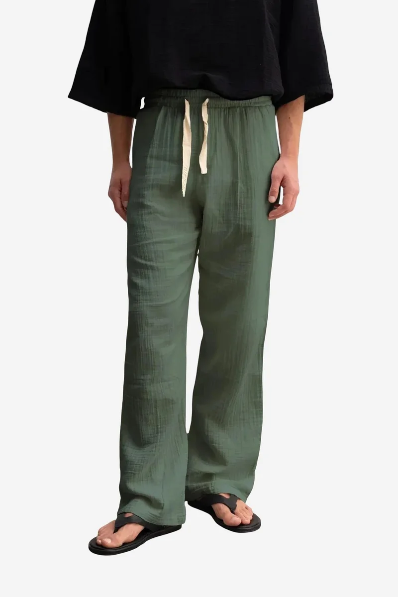 GIESTO Textured Cotton Drawstring Waist Straight Leg Pants