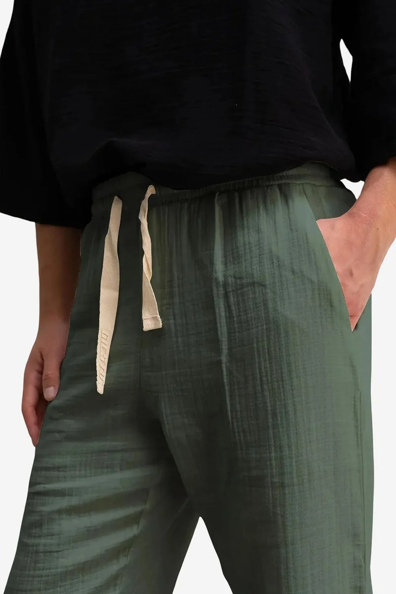 Giesto Khaki Green GIESTO Textured Cotton Drawstring Waist Straight Leg Pants for Men | Best Price UAE