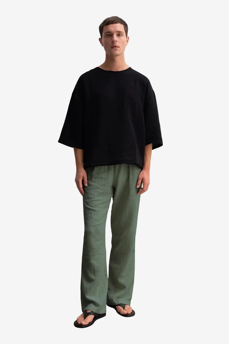 Giesto Khaki Green GIESTO Textured Cotton Drawstring Waist Straight Leg Pants for Men | Best Price UAE