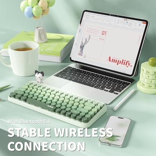 FELICON 308i Wireless Bluetooth Keyboard, Retro Typewriter Design with Gradient Colorful Round Keycaps and Cute Magnetic Cat Doll, 84 Keys, Multi Device Keyboard for iPad/Laptop/PC/Win/Mac(Green) - Image 3