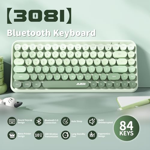 FELICON 308i Wireless Bluetooth Keyboard, Retro Typewriter Design with Gradient Colorful Round Keycaps and Cute Magnetic Cat Doll, 84 Keys, Multi Device Keyboard for iPad/Laptop/PC/Win/Mac(Green) - Image 2