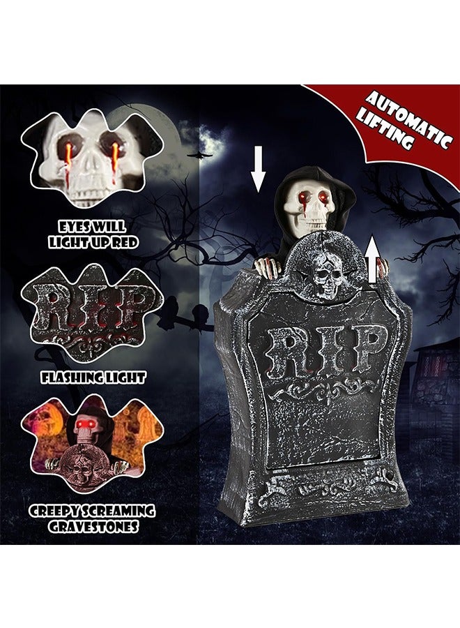 JCB CHIC Halloween Decoration Tombstone, Lighted Gravestone with Creepy Voice and Lifting Skull, Scary Skull Tombstone for Indoor Outdoor House, Yard Halloween Party Decor and Haunted Houses Props - Image 4