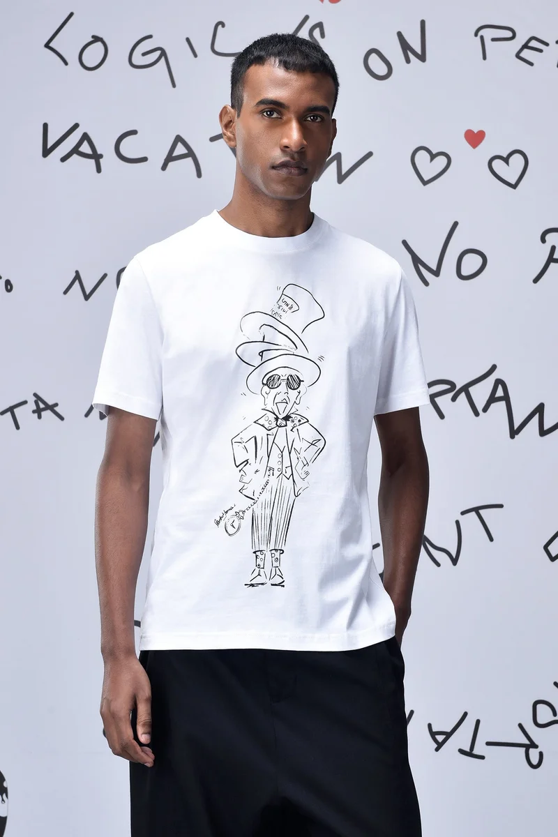 Genes Lecoanet Hemant White Cotton Single Jersey T-Shirt with Sketch Graphic Print