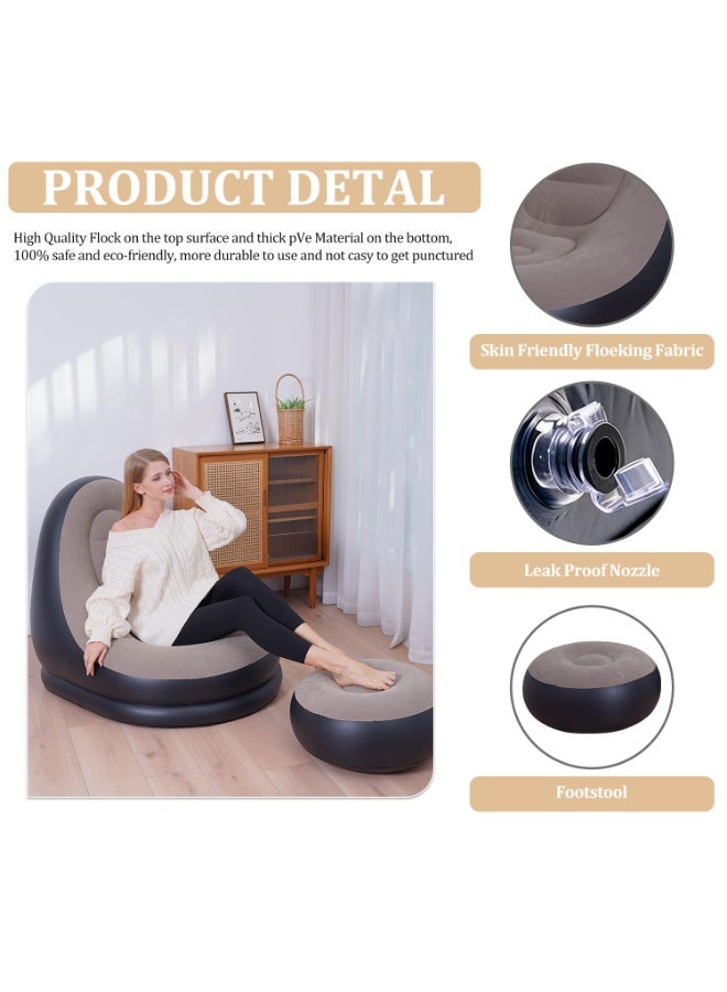 كرسي فاصوليا قابل للنفخ وقابل للطي ومحمول، مكون من قطعتين، أريكة كسولة، أريكة قابلة للنفخ، مقعد قابل للنفخ، مجموعة أثاث هوائي مع مسند للقدمين، مضخة هواء للاستخدام الداخلي والخارجي والتخييم والسفر والنزهات على الشاطئ - Image 2