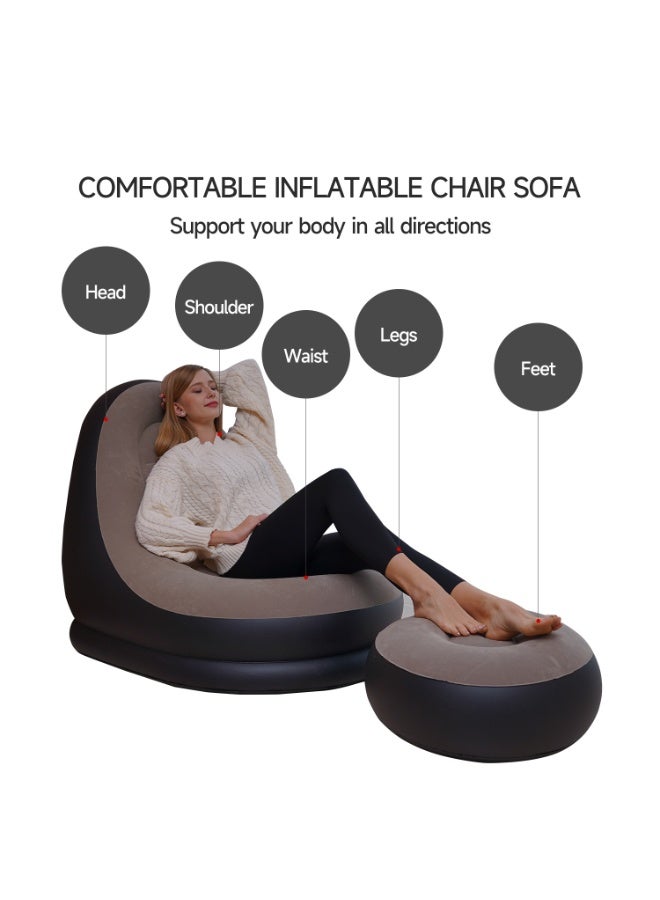 كرسي فاصوليا قابل للنفخ وقابل للطي ومحمول، مكون من قطعتين، أريكة كسولة، أريكة قابلة للنفخ، مقعد قابل للنفخ، مجموعة أثاث هوائي مع مسند للقدمين، مضخة هواء للاستخدام الداخلي والخارجي والتخييم والسفر والنزهات على الشاطئ - Image 4