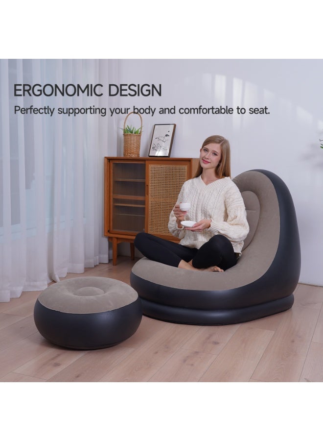 كرسي فاصوليا قابل للنفخ وقابل للطي ومحمول، مكون من قطعتين، أريكة كسولة، أريكة قابلة للنفخ، مقعد قابل للنفخ، مجموعة أثاث هوائي مع مسند للقدمين، مضخة هواء للاستخدام الداخلي والخارجي والتخييم والسفر والنزهات على الشاطئ - Image 5