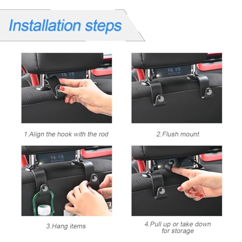 Hanemia 4PCS Car Seat Headrest Hooks, Auto Back Seat Hanger Holder, Durable Stylish Vehicle Organizer Universal Car Interior Accessories, Storage Hooks for Purses, Bags, Clothes, Hats (Black/Black Flag) - Image 3