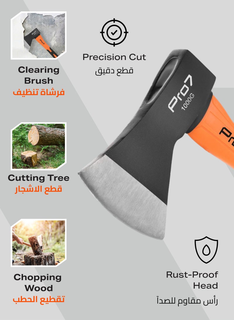 Pro7 Axe with Fiber Handle -1000g- Lightweight Wood Chopping and Camping Axe with Anti-Slip Grip, Shock-Absorbing Fiberglass Handle u0026 Rust-Resistant Head for Gardening, Firewood u0026 Outdoor Use - Image 4